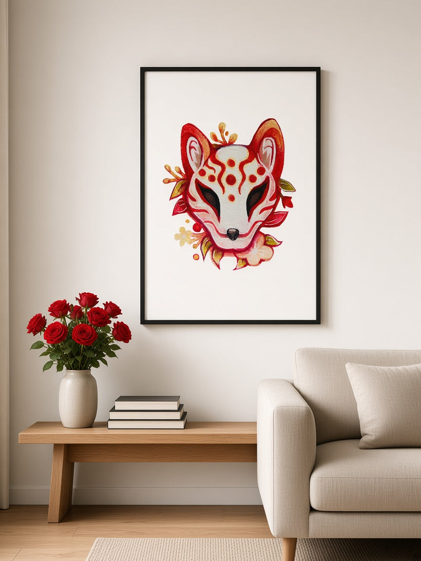 Red Kitsune Fox Mask Framed Poster | Faelight Art