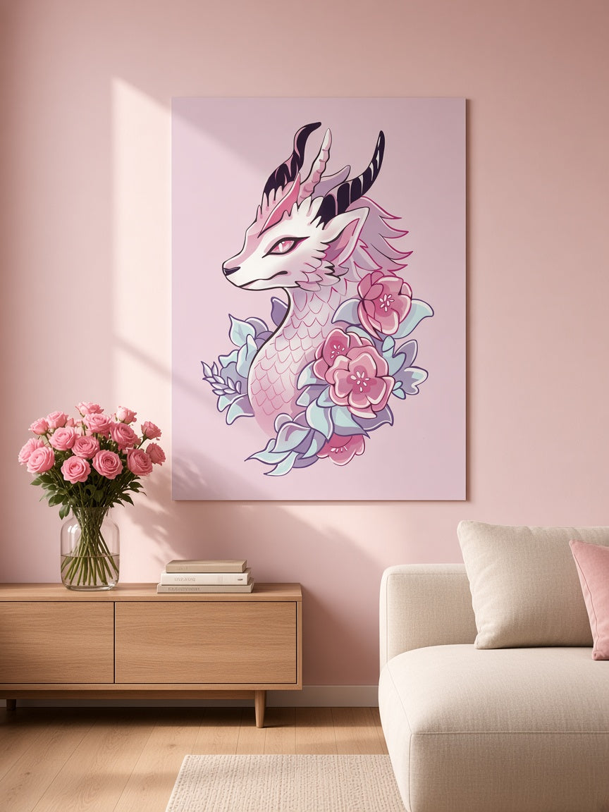 Pink Dragon with Flowers Poster | Faelight Art