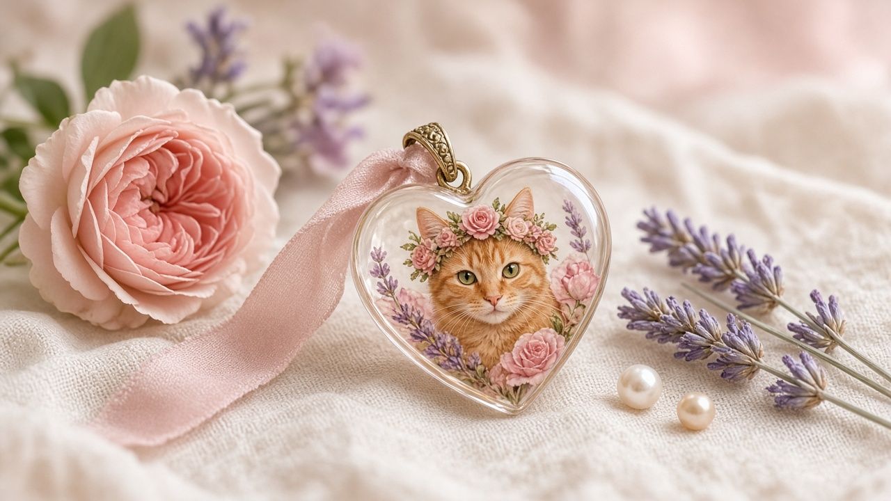 Concept plate: Resin heart charm with an orange tabby portrait. Illustrative placeholder.