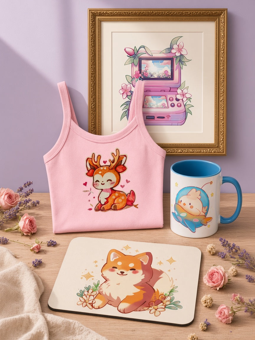 Pink deer tank top, Space Chicken mug and Shiba Inu mouse pad arranged on a table with flowers
