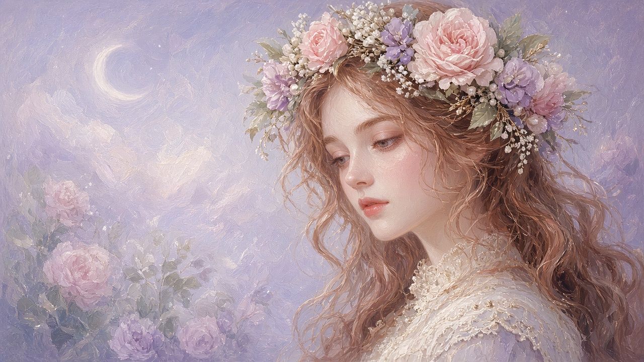 Concept plate: Portrait in a crown of roses and pearls. Illustrative placeholder.
