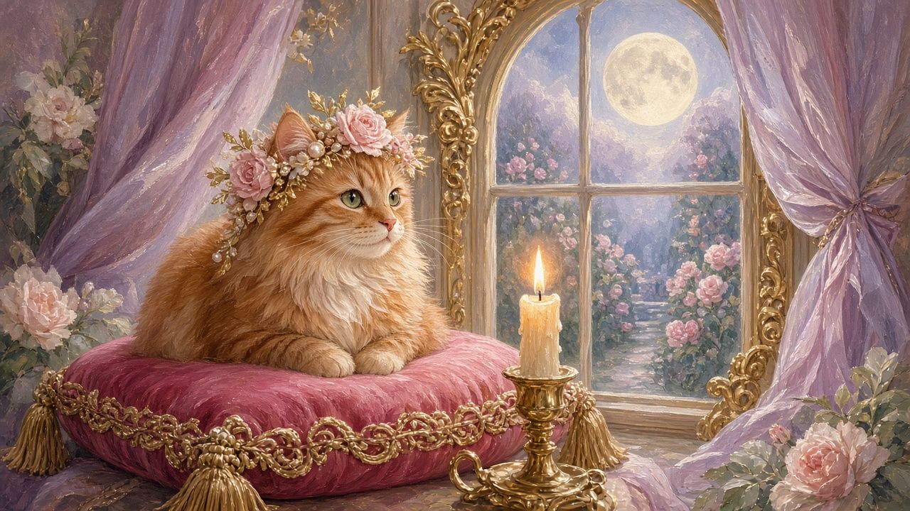 Concept plate: Orange tabby cat with green eyes in a crown of roses, moonlit window. Illustrative placeholder.